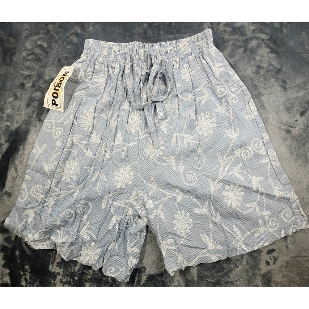VTG Poison Vintage Womens White On Blue Floral Shorts 100% Rayon Large Made/USA